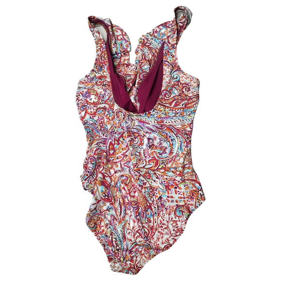 NEW Slimming Lauren Ralph Lauren One Piece Sz 14 Women's Swimsuit Paisley Ruffle - Picture 2 of 11
